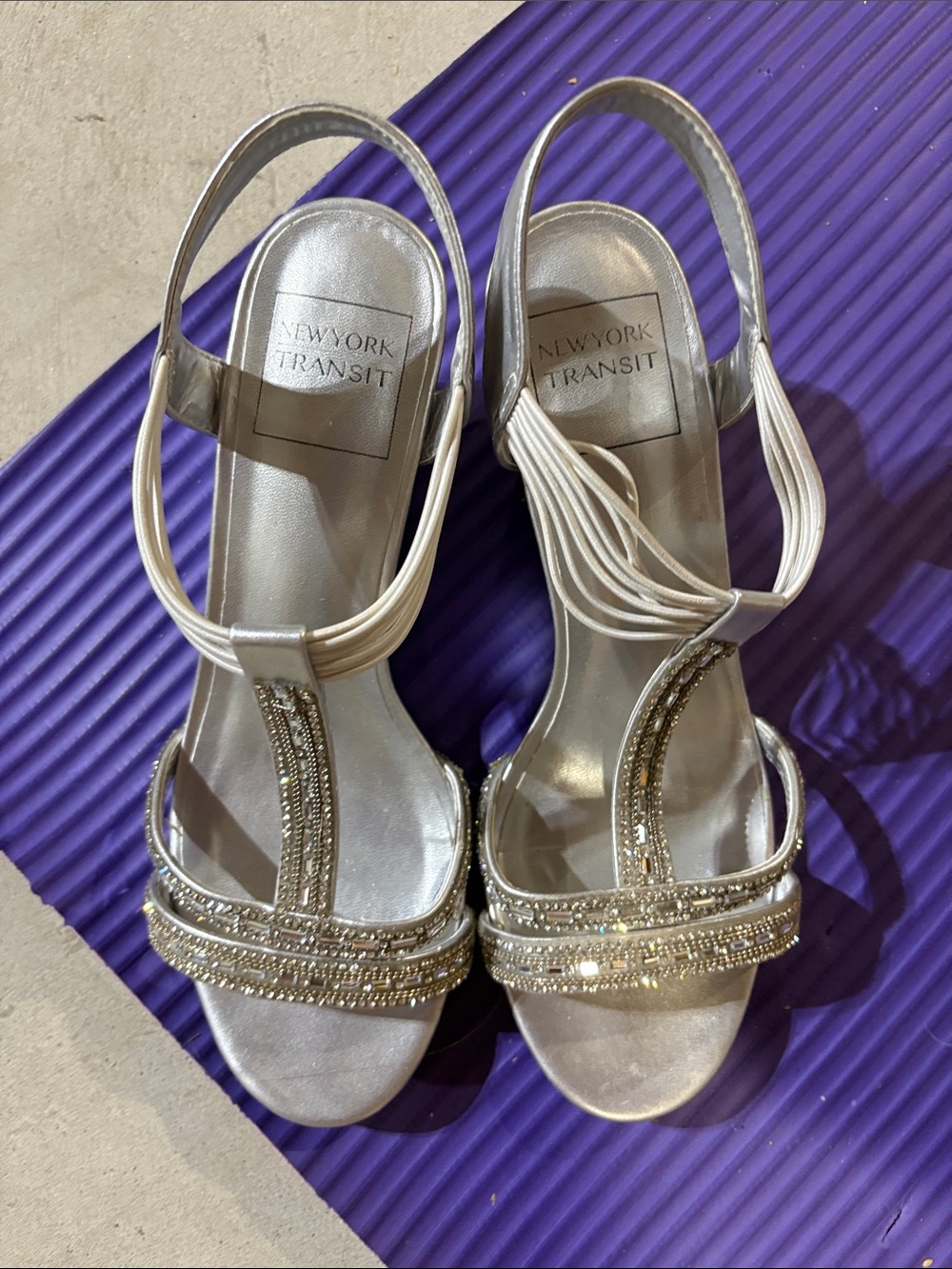 New York Transit Silver Beaded T-Strap Slingback Heels
